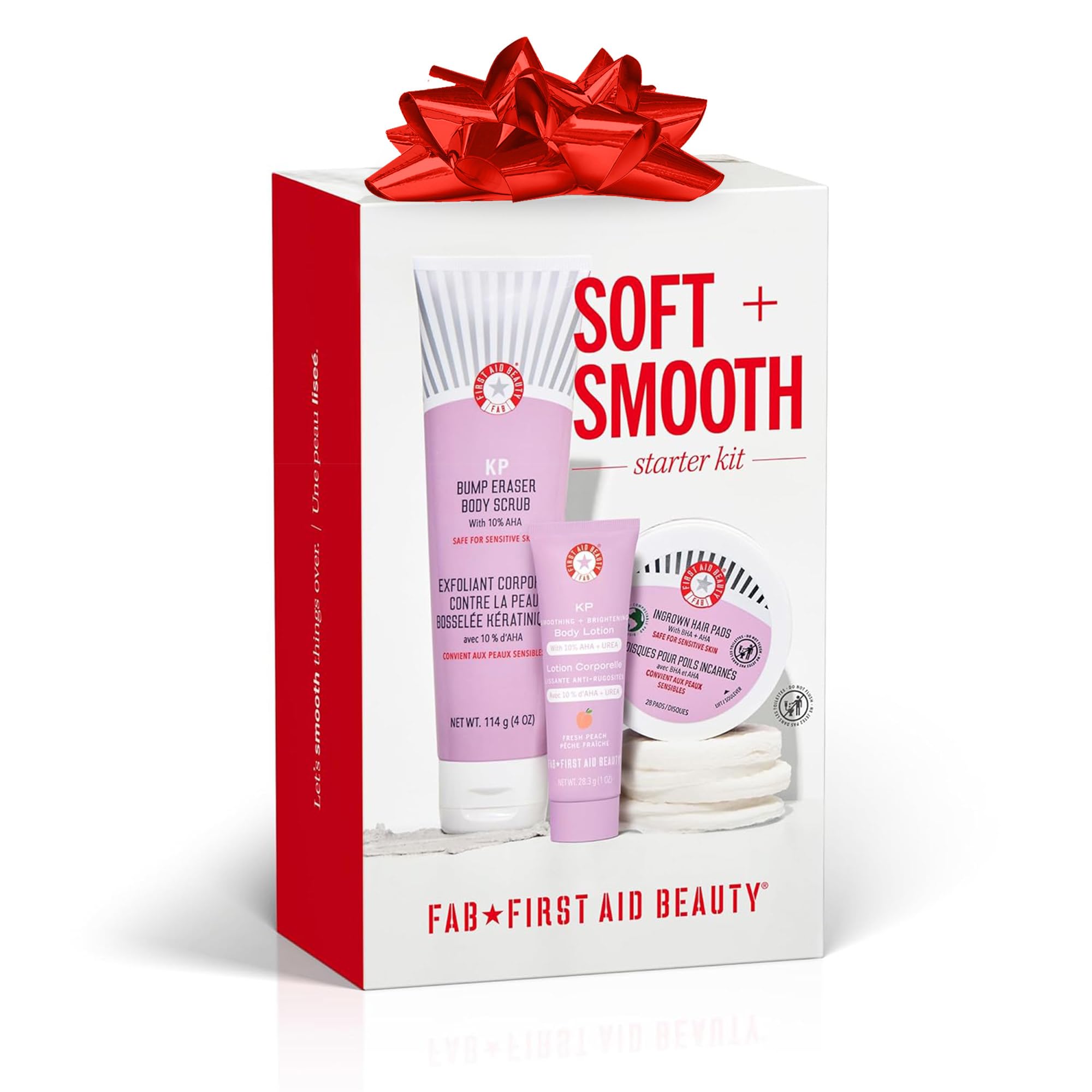 First Aid Beauty KP Bump Eraser Kit: AHA body scrub, smoothing lotion, Ingrown Hair Pads with BHA & AHA