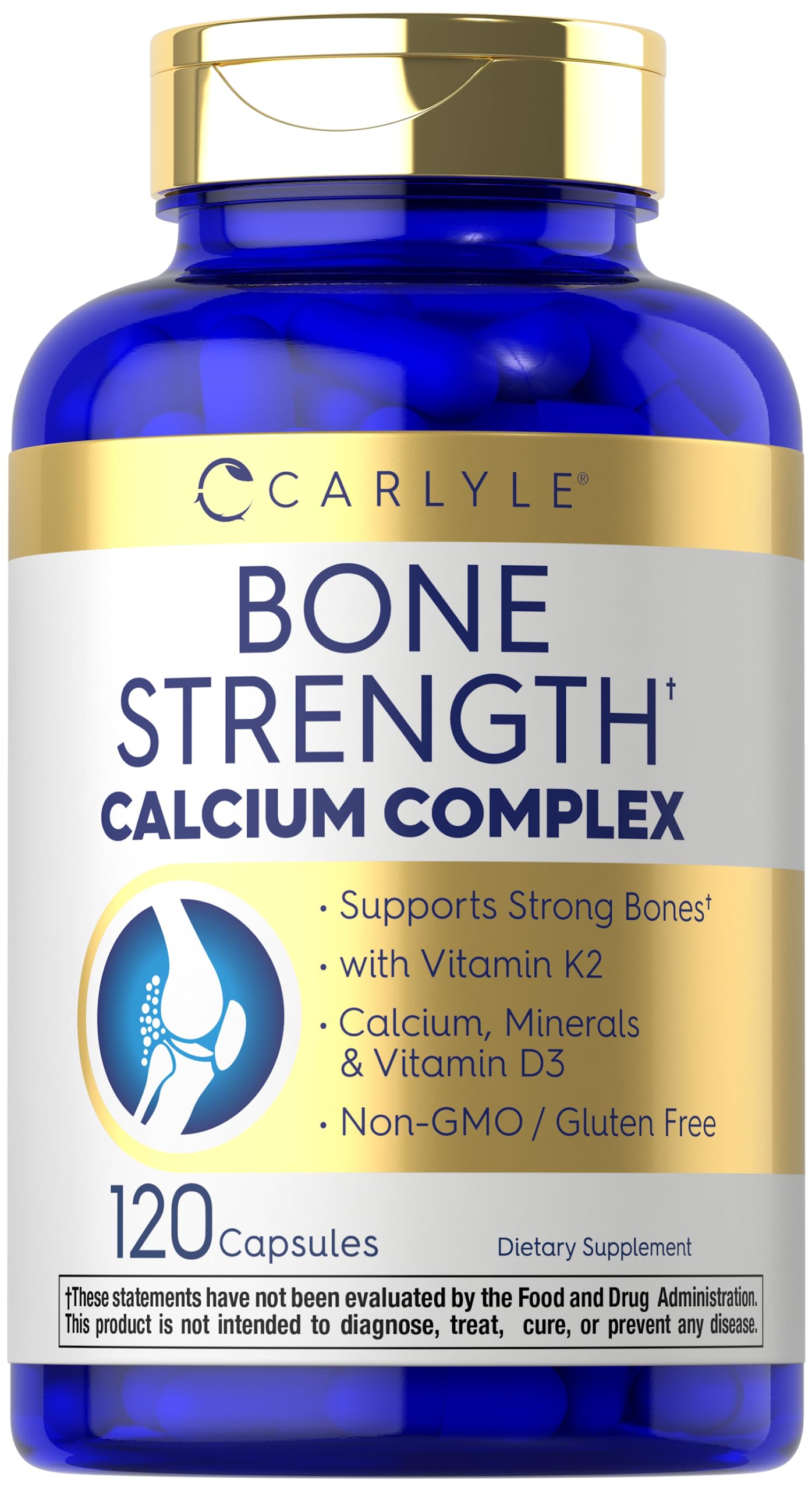 Carlyle Bone Strength Calcium Complex - with Vitamin D3, Magnesium, K2, Zinc & Boron - 120 Capsules | Non-GMO, Gluten Free