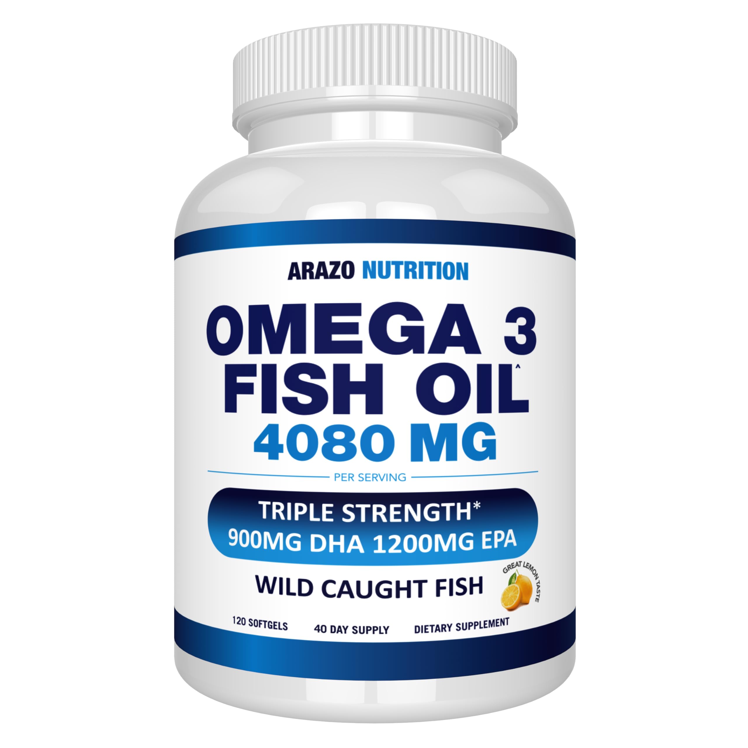 Arazo Nutrition Wild Caught Omega 3 Fish Oil - 120 Softgels - High EPA 1200mg & DHA 900mg - Lemon Flavor Burpless Softgels