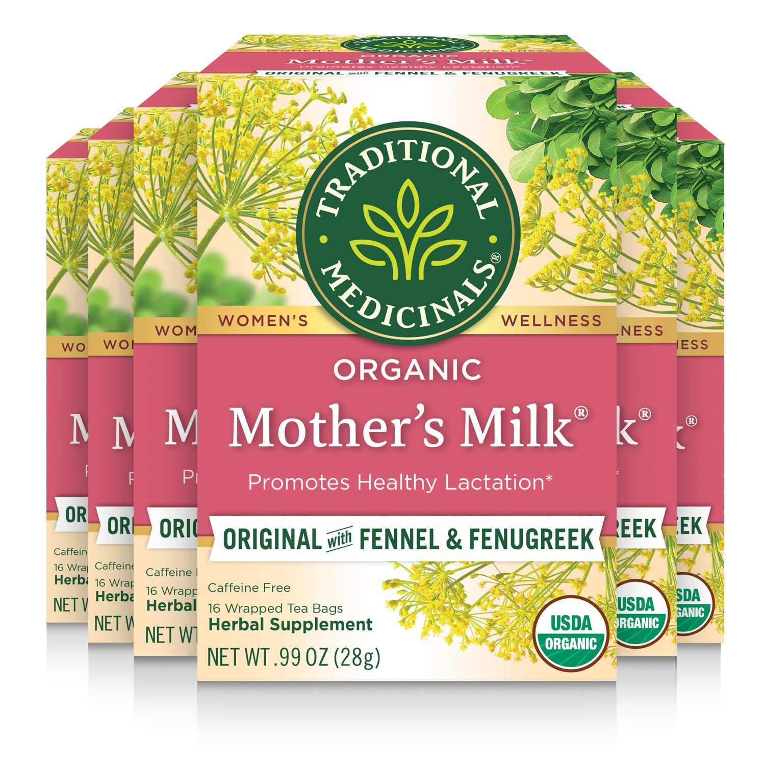Traditional Medicinals Organic Mother's Milk Tea - Fennel & Fenugreek - Caffeine Free - 16 Tea Bags (Pack of 6)