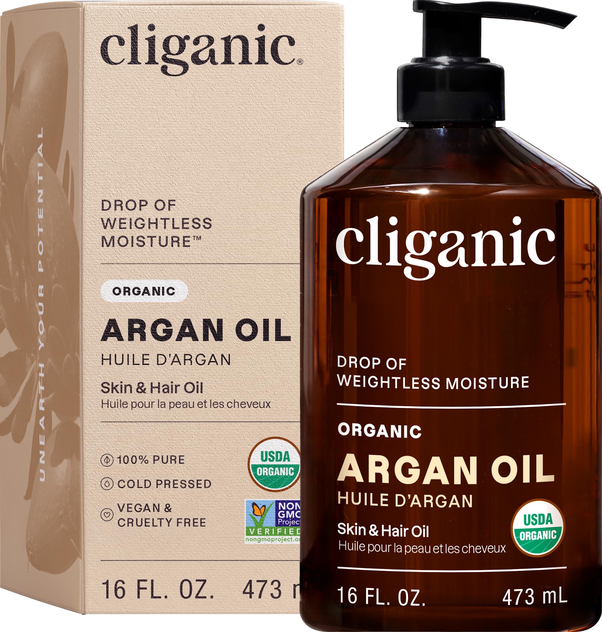 Cliganic 100% Pure Organic Argan Oil with Pump (16 oz) - Bulk for Hair, Face & Skin