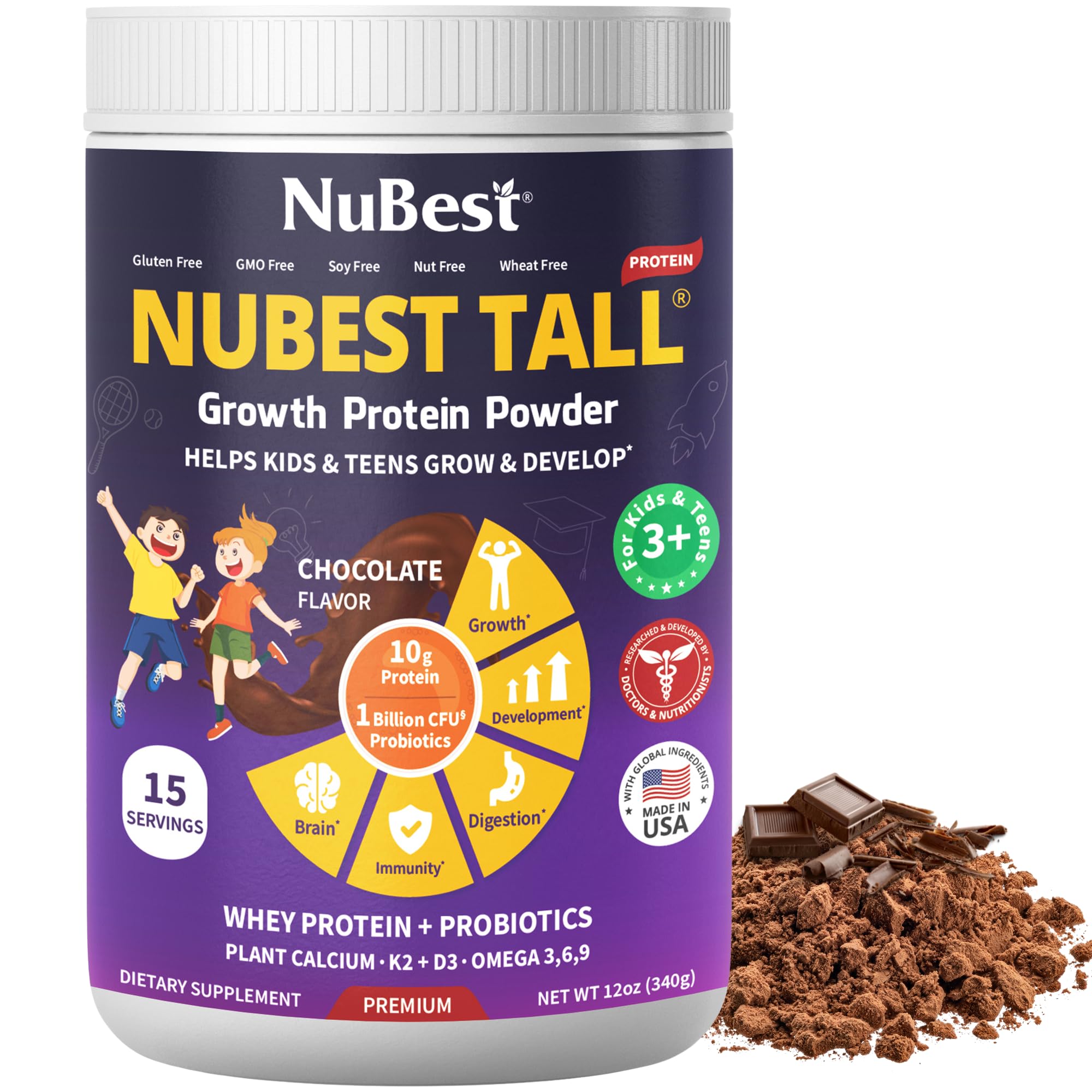 NuBest Tall Protein Powder for Kids & Teens - Chocolate Whey Protein with Probiotics, Omega 3-6-9, Vitamin D3 + K2 - 15 Servings