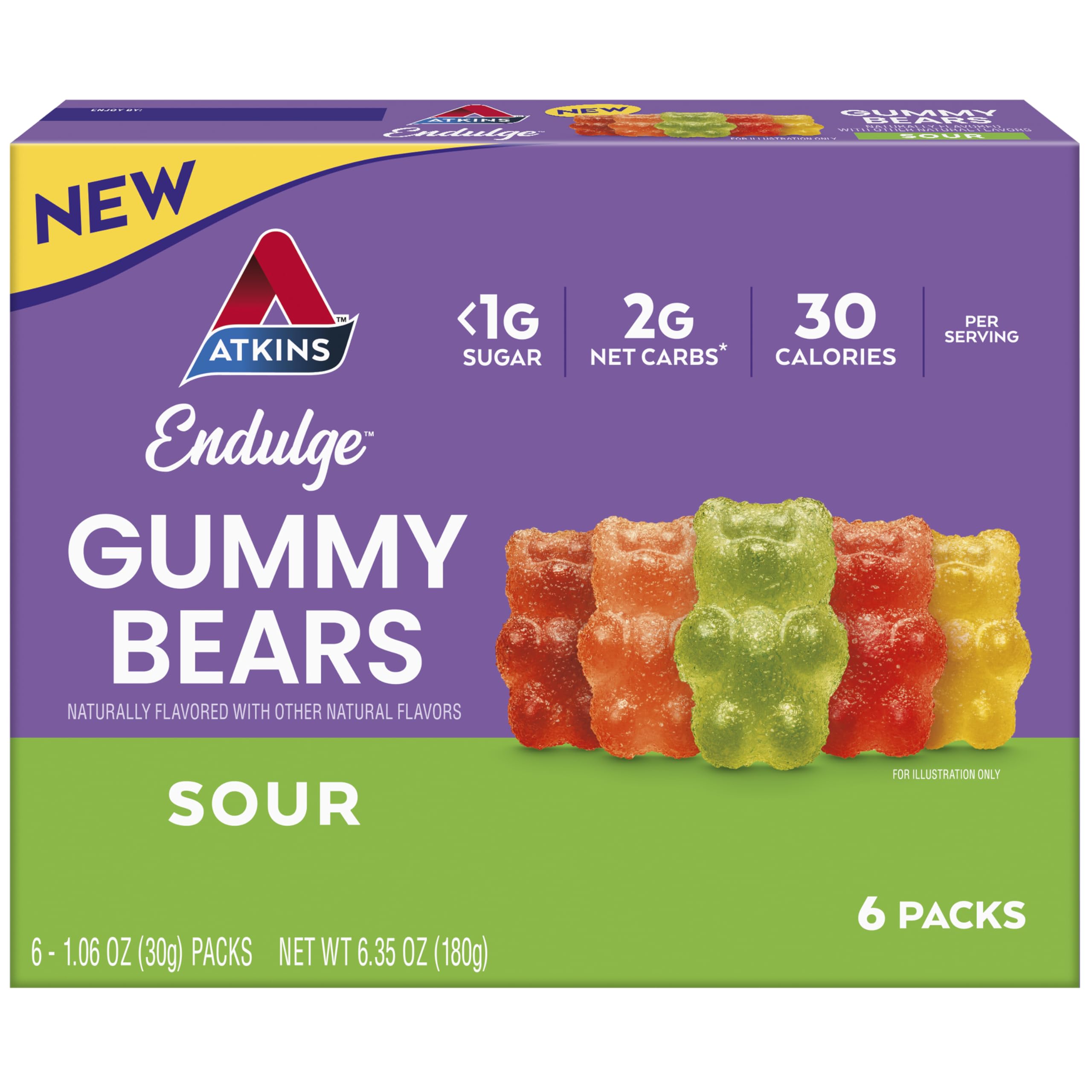 Atkins Endulge Sour Gummy Bears - Low Sugar Keto Candy, 6 Count Pack