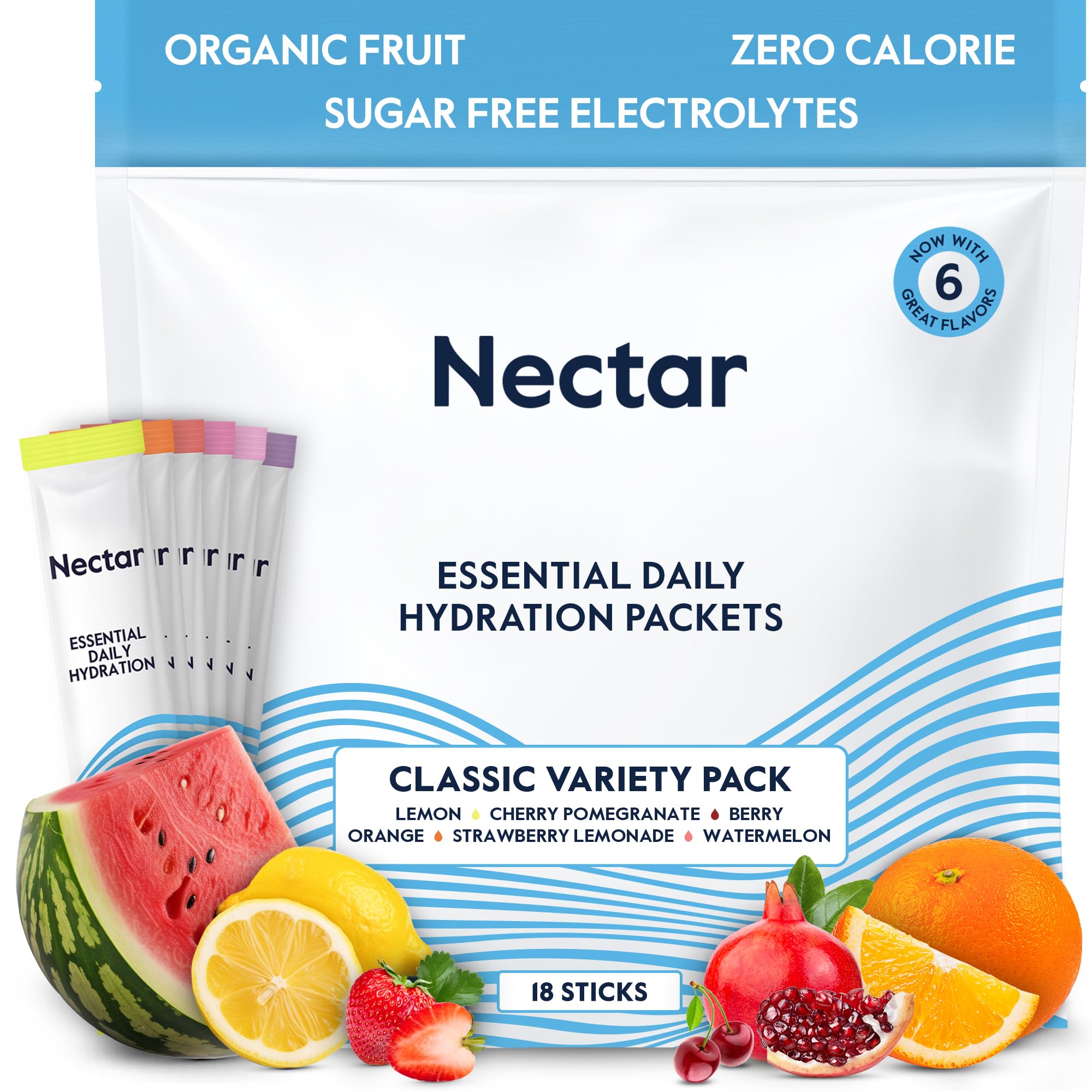 Nectar Hydration Packets - Electrolytes Powder Packets, No Sugar or Calories, Organic Fruit Liquid Daily IV Hydrate Packets (Variety 18 Pack)