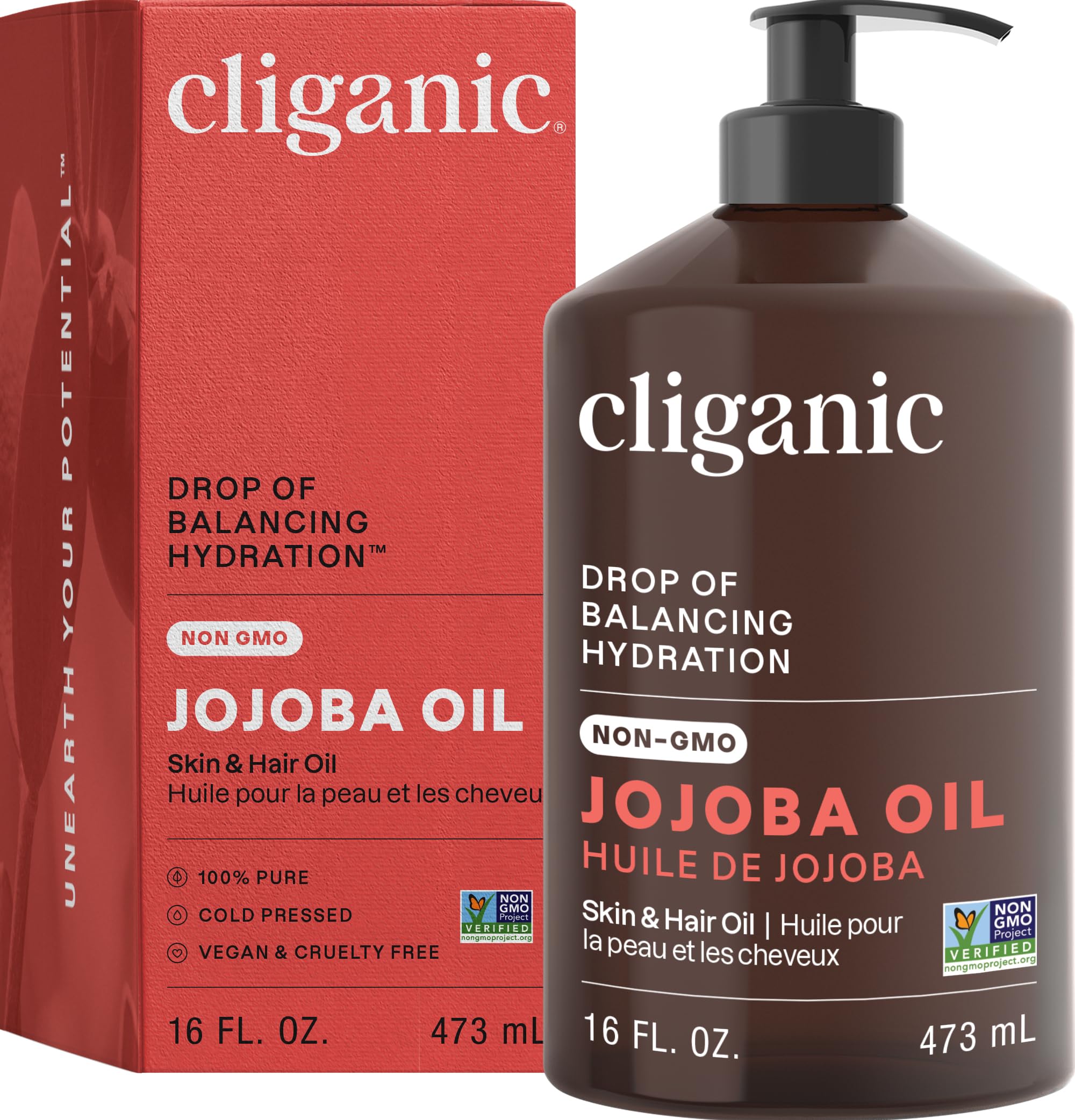 Cliganic Jojoba Oil Non-GMO, 100% Pure & Natural Cold Pressed Oil for Hair & Face - 16oz Bulk