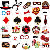 30pcs Casino Photo Booth Props – Las Vegas Poker Theme Selfie Props with Sticks & Glue Dots for Birthday, Prom & Casino Parties