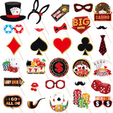 30pcs Casino Photo Booth Props – Las Vegas Poker Theme Selfie Props with Sticks & Glue Dots for Birthday, Prom & Casino Parties
