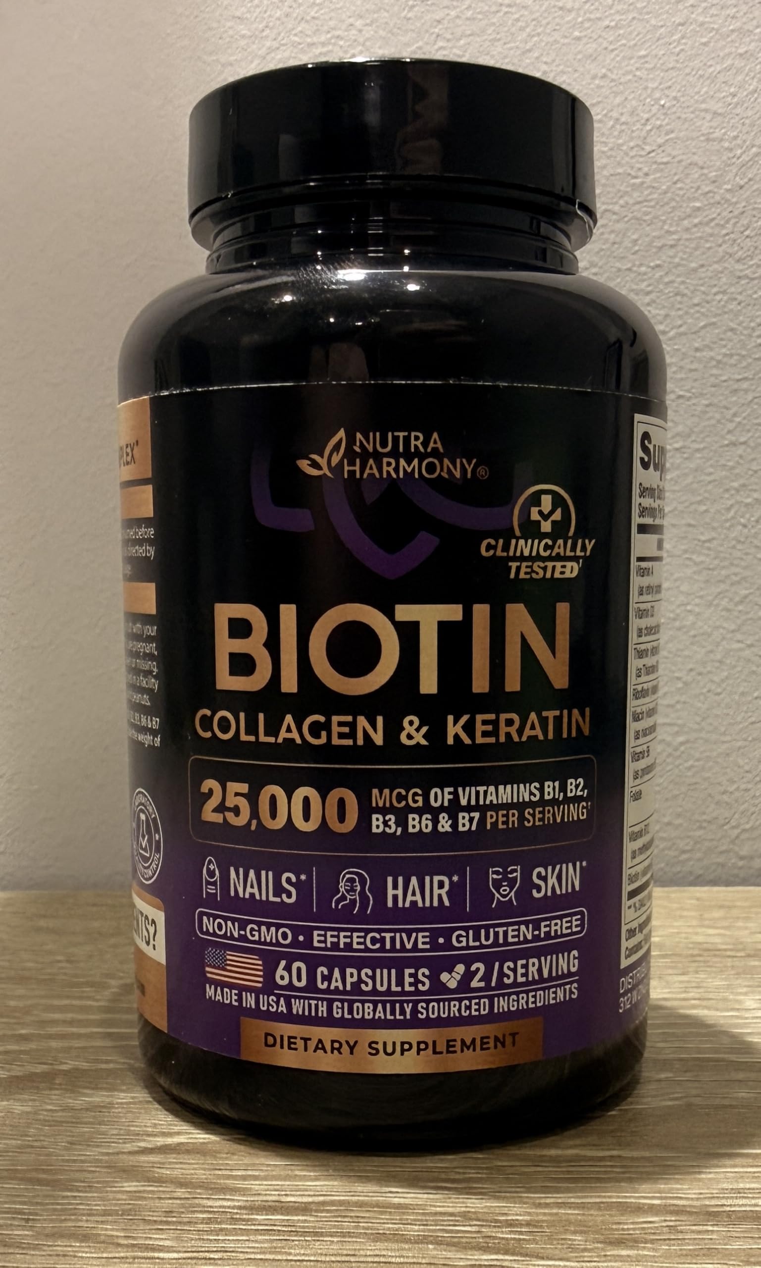 Biotin 25000 mcg, Collagen & Keratin Complex for Hair Growth, Skin & Nails (60 Capsules)