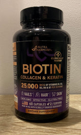 Biotin 25000 mcg, Collagen & Keratin Complex for Hair Growth, Skin & Nails (60 Capsules)