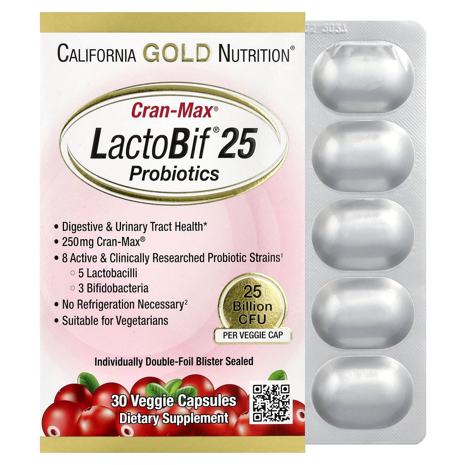 California Gold Nutrition CranMax LactoBif Probiotics 25 Billion CFU - 30 Veggie Capsules