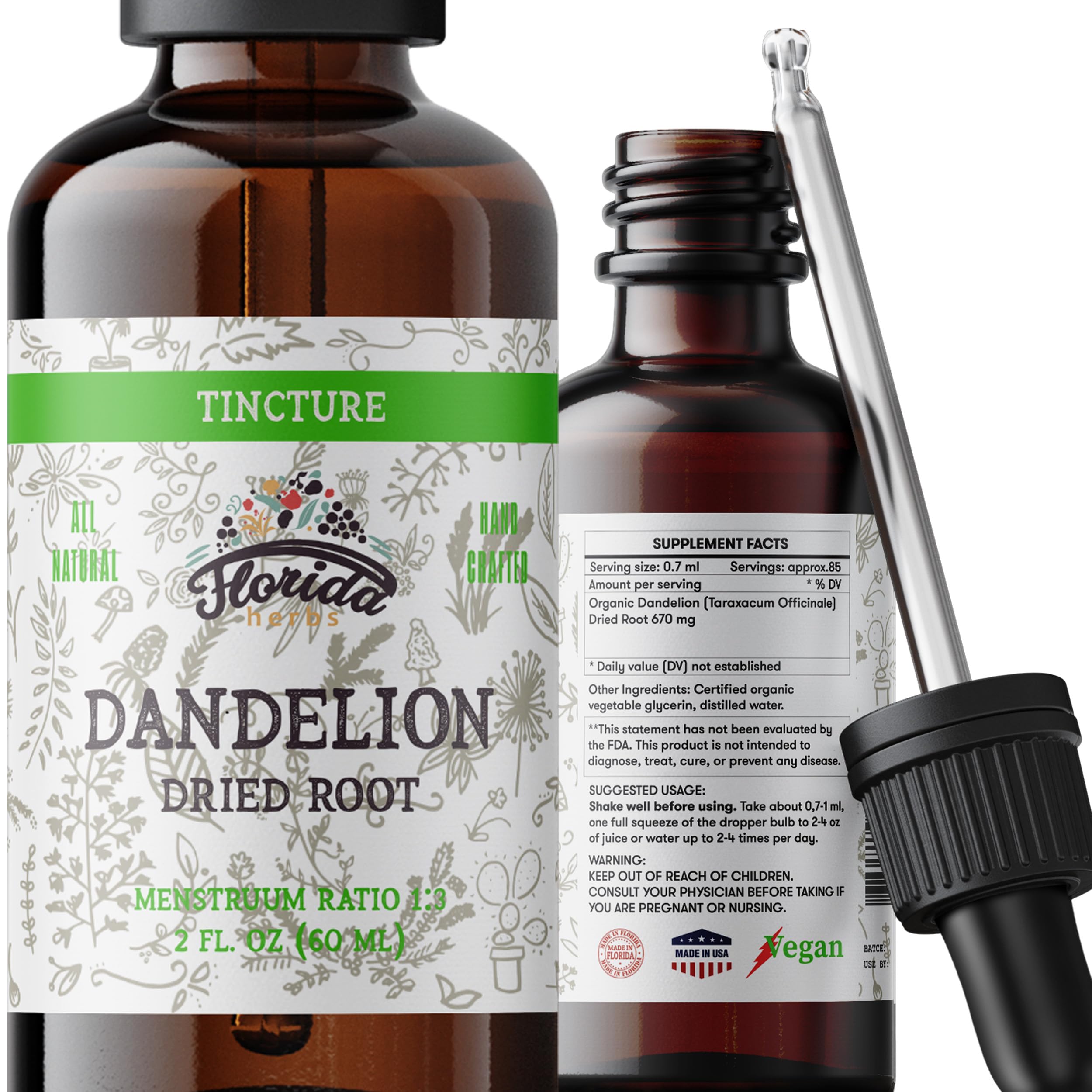 Organic Dandelion Root Tincture - Cold-Pressed Extract - 2 oz (685 mg) - Non-GMO
