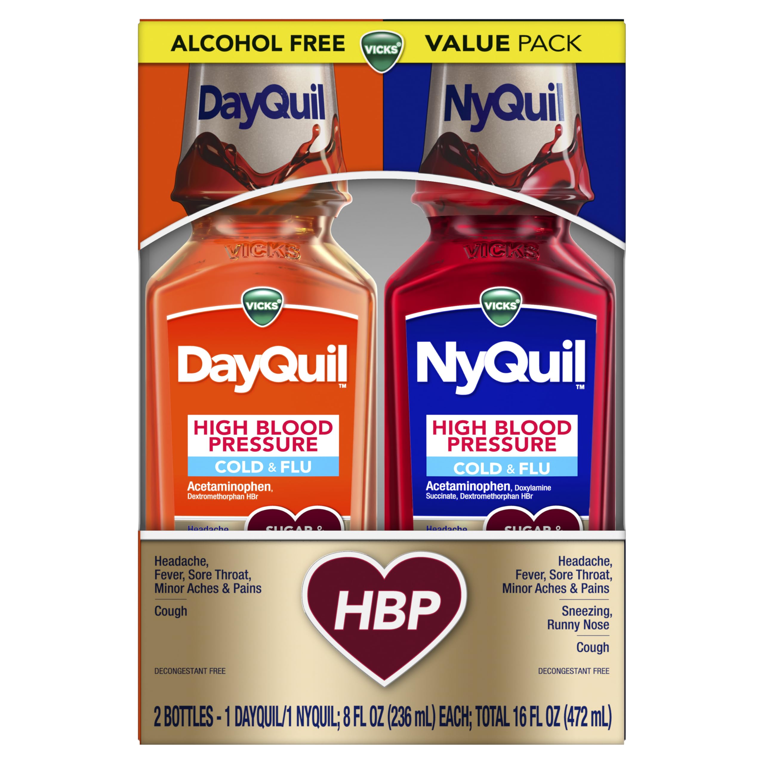 Vicks DayQuil & NyQuil HBP Cold & Flu Relief Liquid Combo Pack (2 x 8 FL OZ)