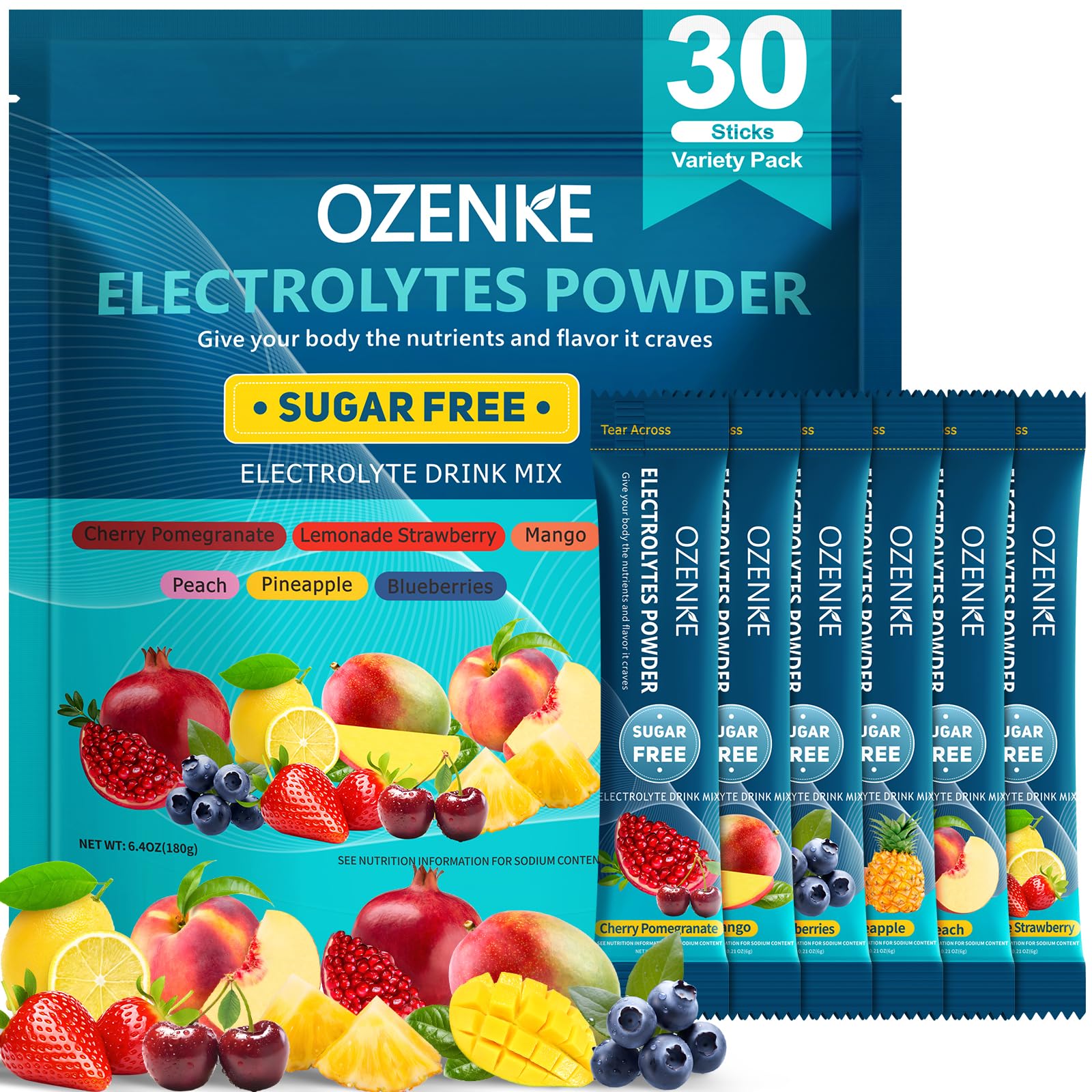 OZENKE Electrolytes Powder Packets - 30 Sticks Sugar-Free Hydration | 6 Flavors