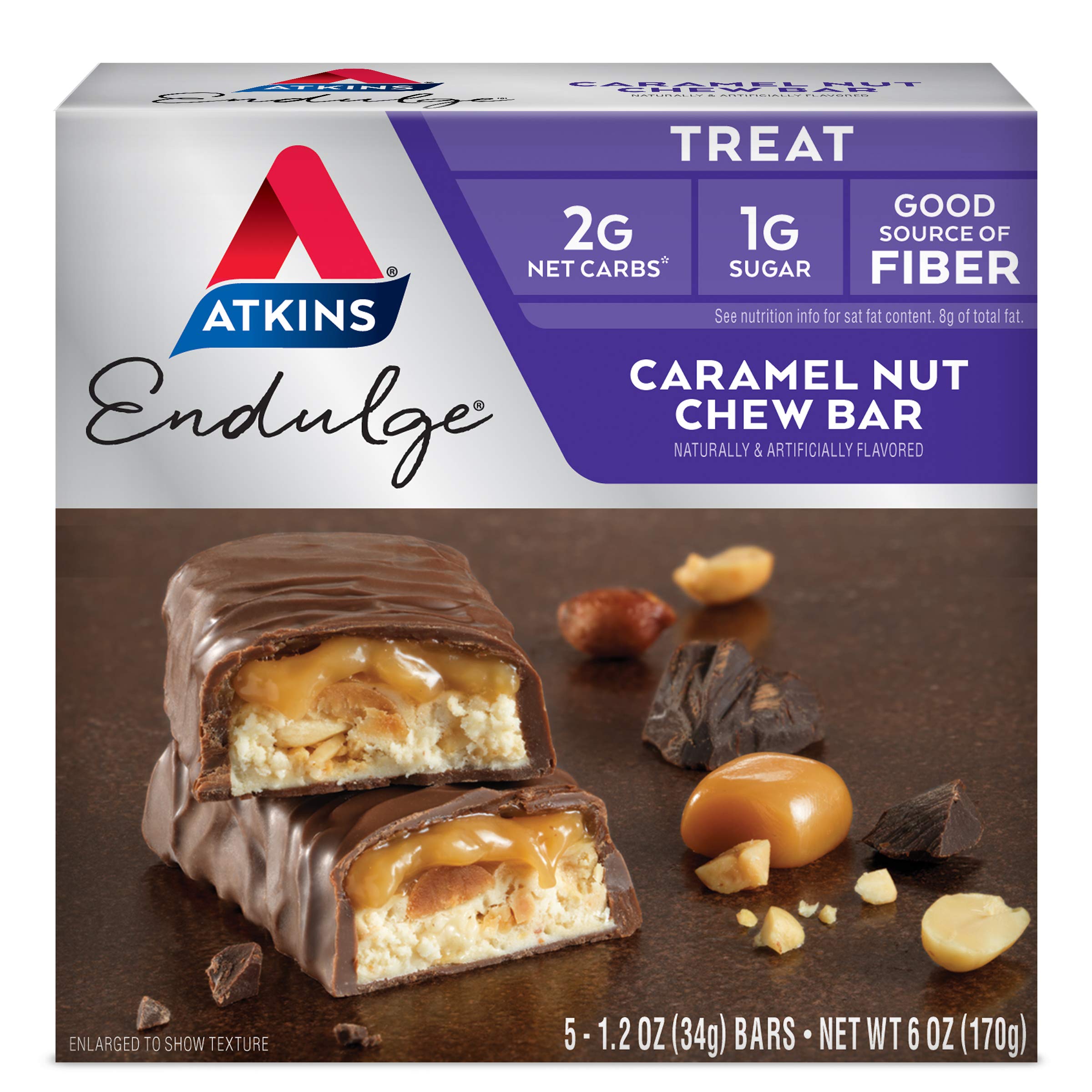 Atkins Endulge Caramel Nut Chew Bar - Low Sugar, High Protein Snack - 5 Bars (1.2 oz Each)