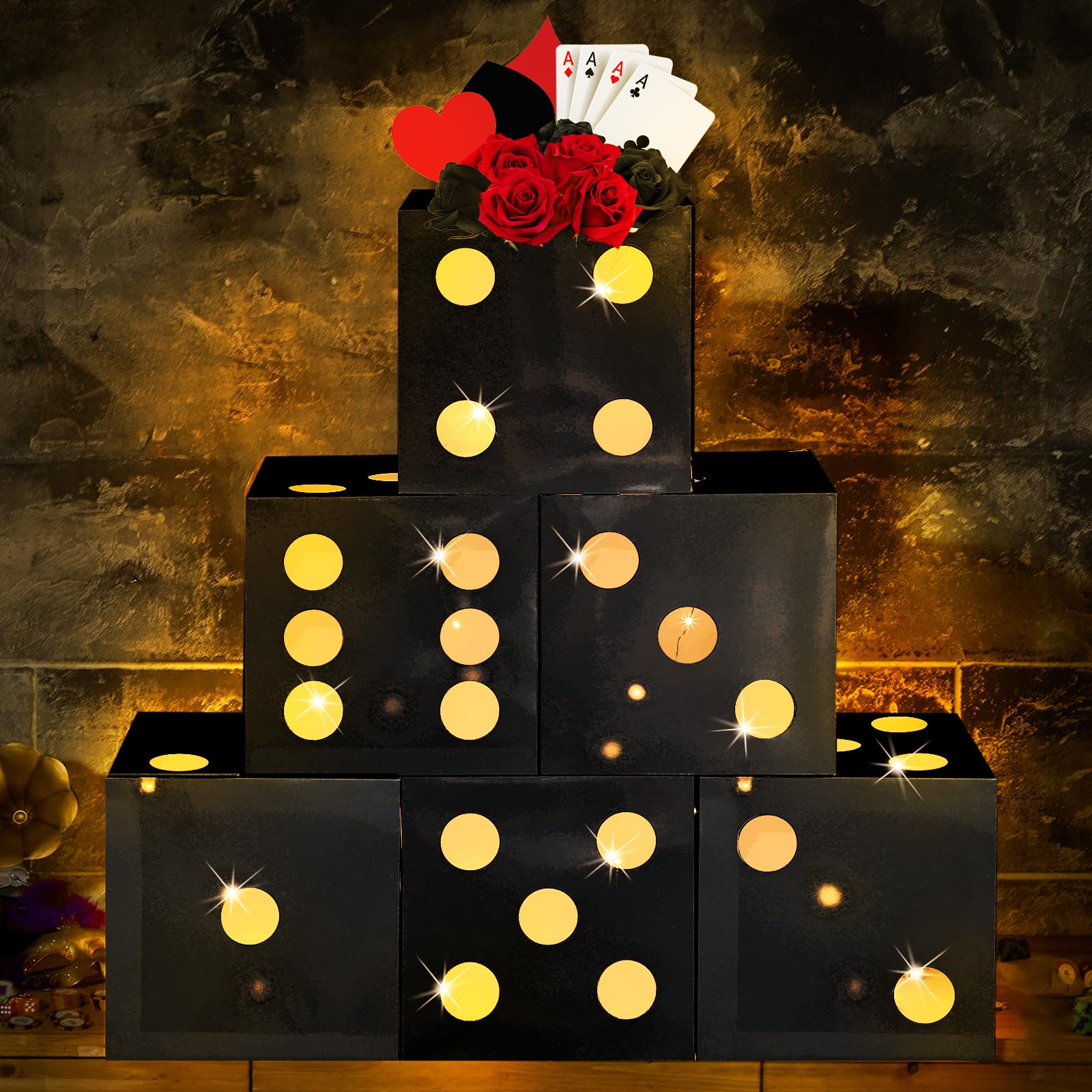 6 Pcs Large Dice Favor Boxes with LED Lights - Casino Party Decorations - Black 11.8 Inch