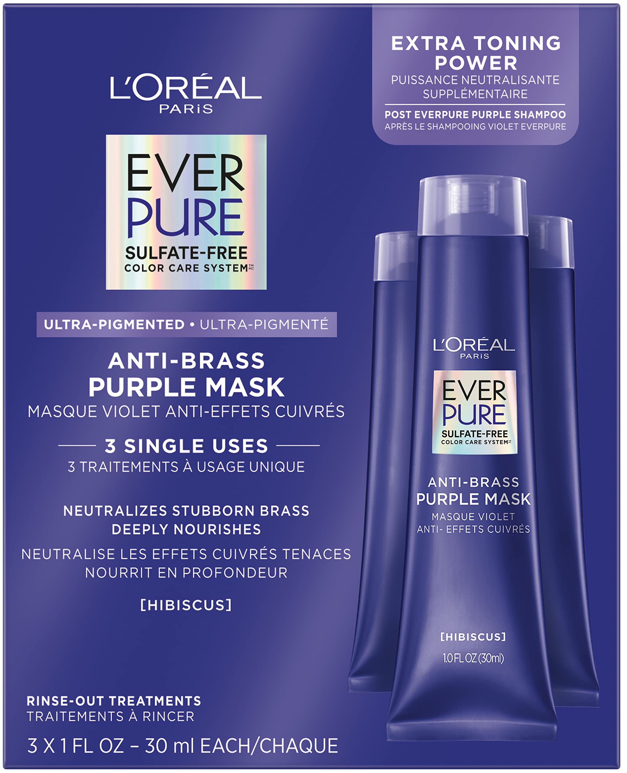 L'Oréal Paris EverPure Ultra Pigmented Anti-BRASS Purple Rinse-Out Mask for Bleached/Ombré/Highlighted Hair, 3 Ounce