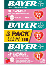Bayer أسبيرين بجرعة منخفضة بتركيز ٨١ ملغ قابل للمضغ للحفاظ على صحة القلب وتخفيف الألم (٣٦ قرص)