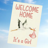 Welcome Home Baby Garden Flag - Double-Sided Pink Stork Burlap Announcement Banner