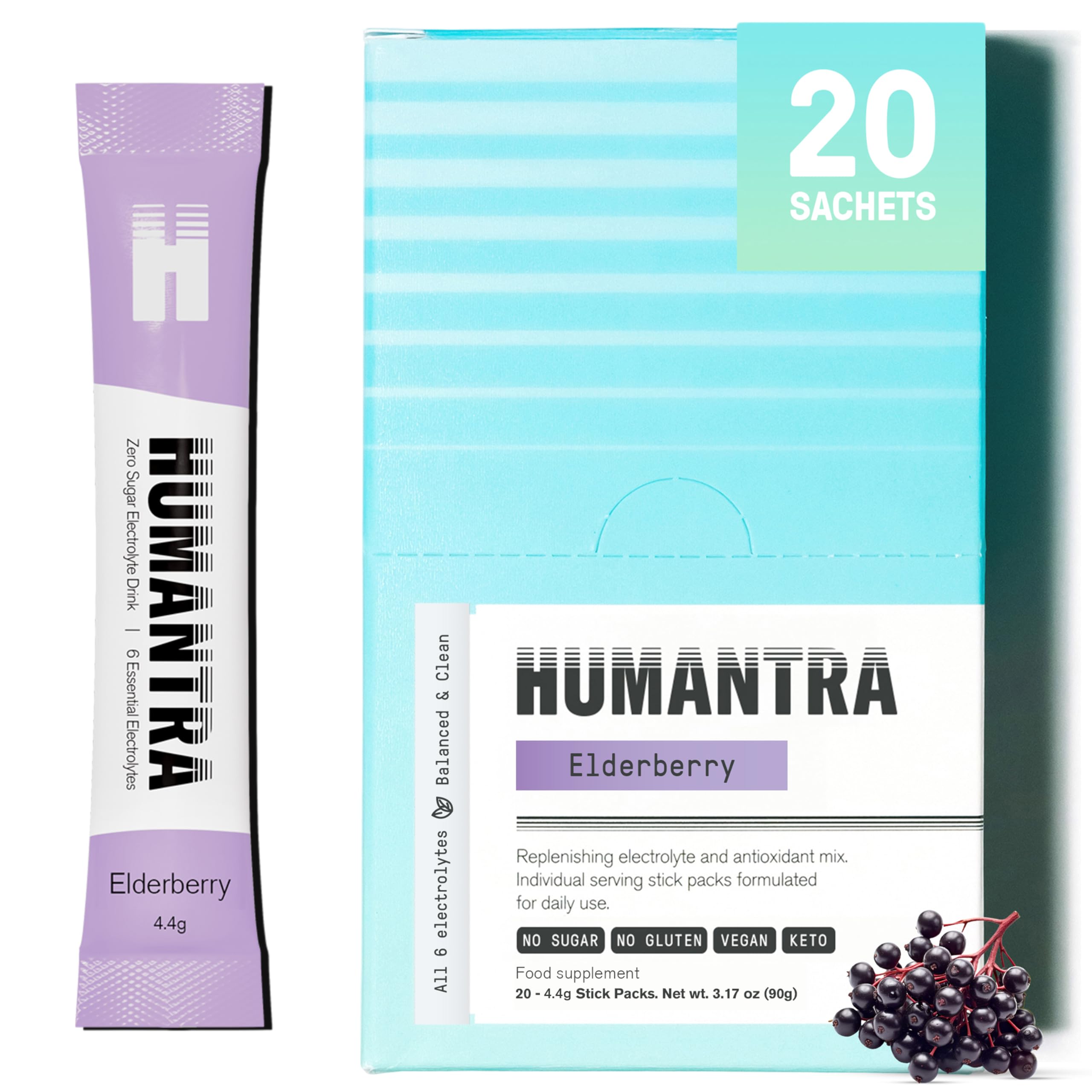 Humantra Hydration Packets - Zero Calorie, Zero Sugar Electrolyte Hydration Multiplier with Essential Minerals, Boost Immune & Metabolic Functions, Elderberry (20 Count)