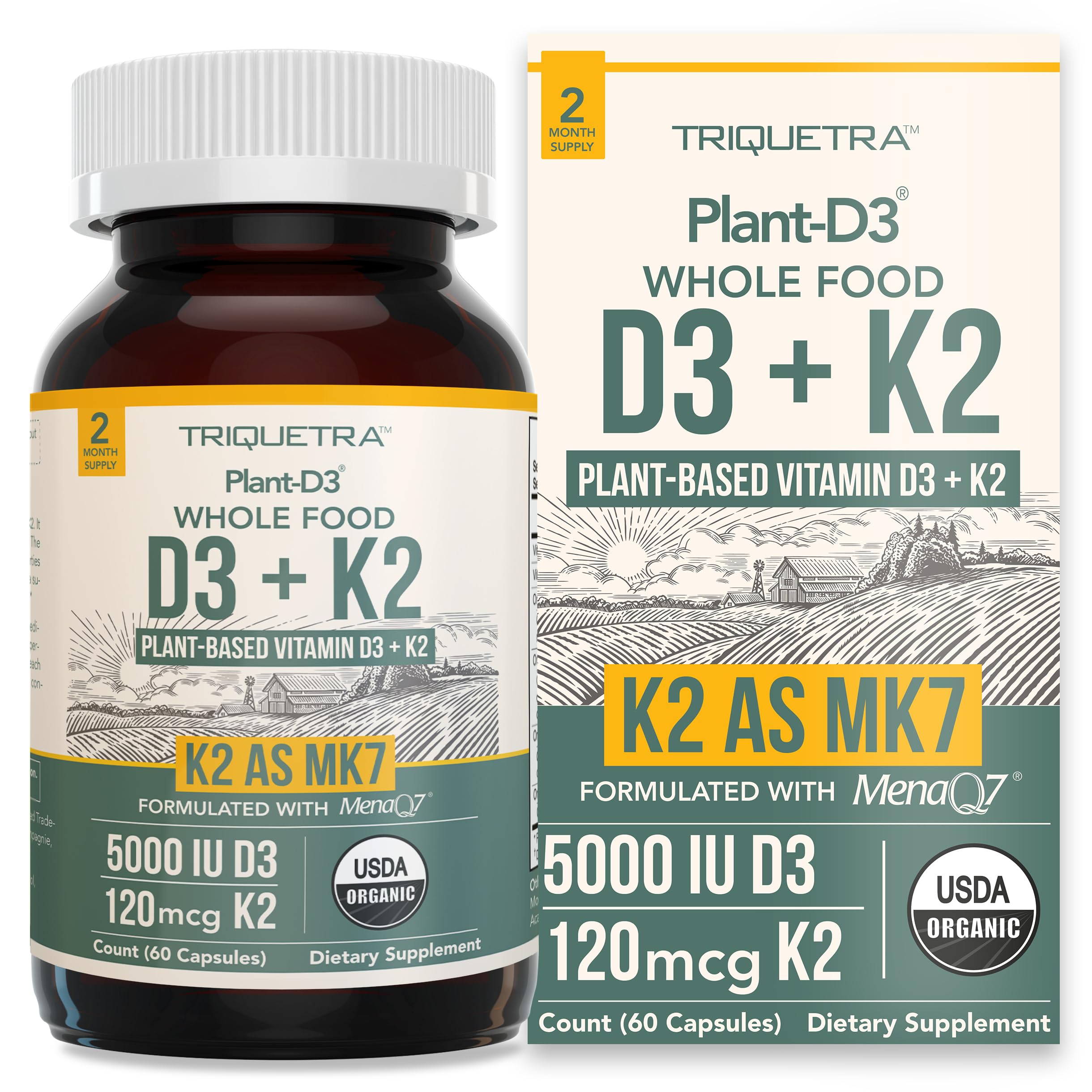 Organic Plant D3 + K2 | 5000 IU D3 + 120 mcg K2 (MK7) | Vegan, Whole Food, Enhanced Digestion | 60 Count