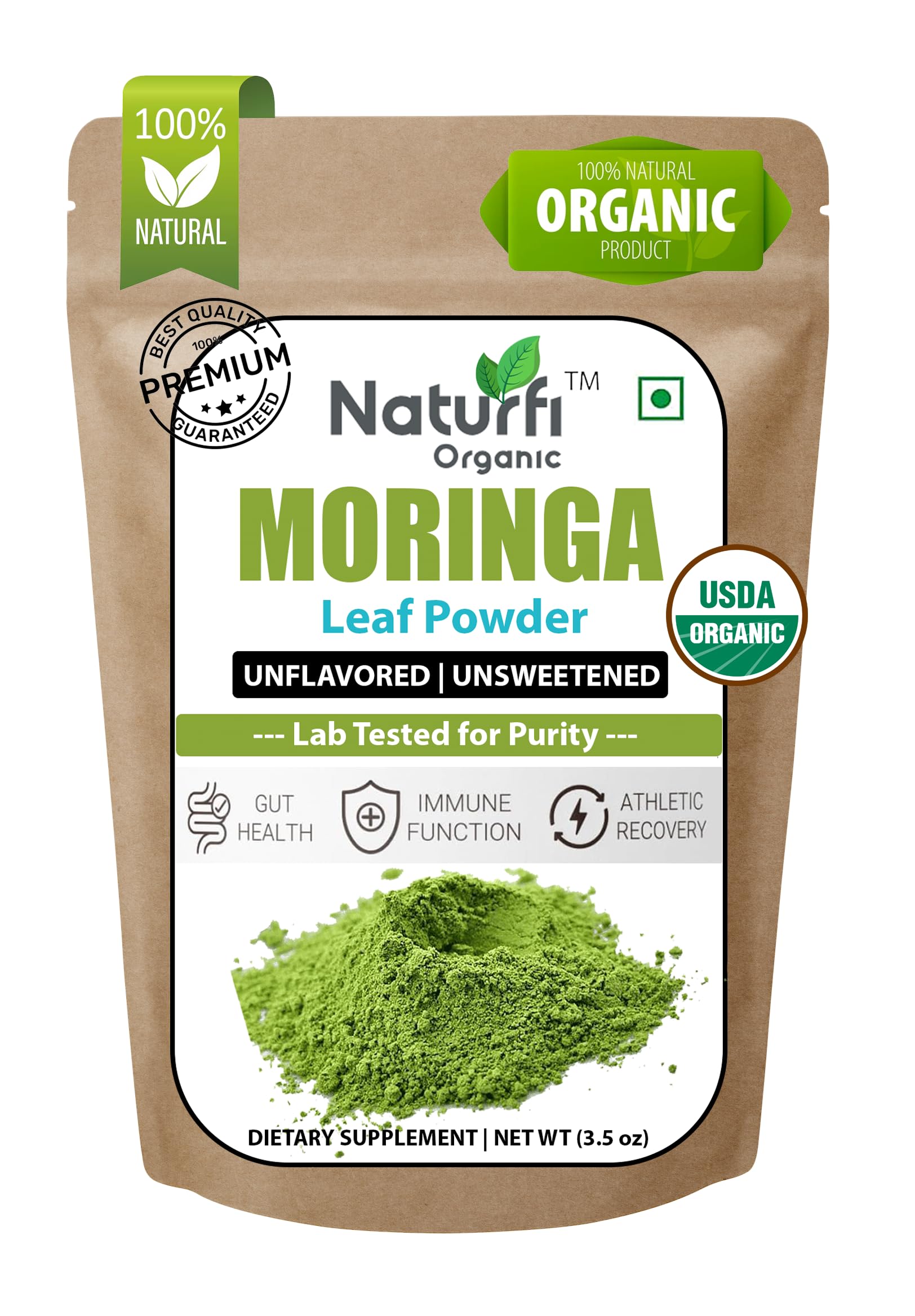 Organic Moringa Powder - 100% Pure Moringa Oleifera Leaf Powder - 3.5 Oz (100g) - USDA Certified - Perfect for Smoothies & Recipes