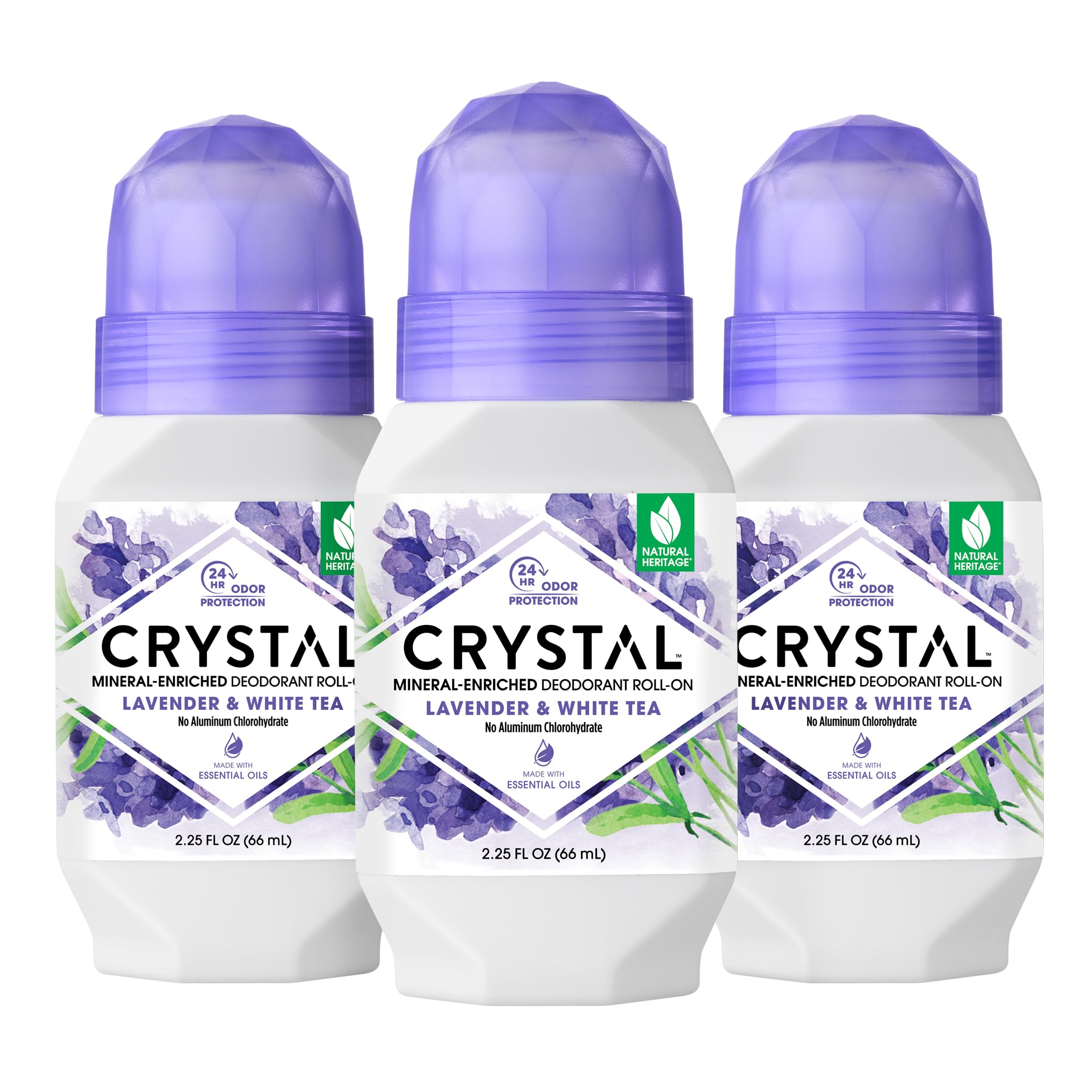 CRYSTAL Aluminum-Free Mineral Deodorant Roll-On - Lavender & White Tea - 2.25 fl oz (Pack of 3)