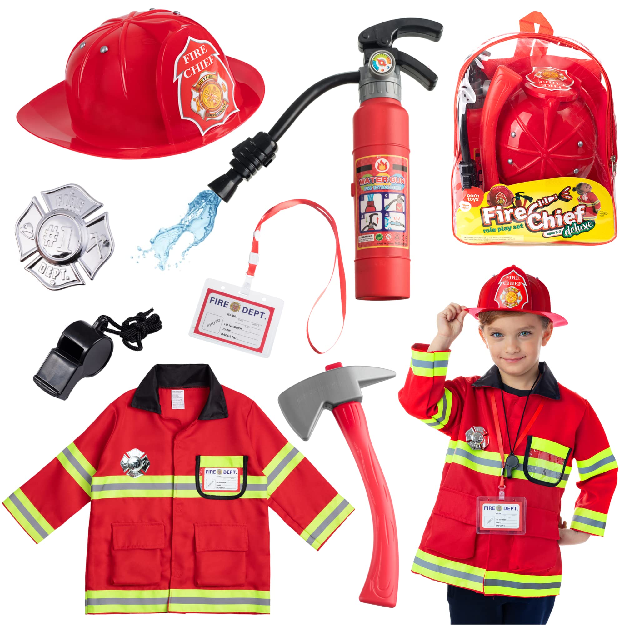 Born Toys 8 PC Premium Washable Kids Fireman Costume & Accessories Set