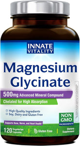 Innate Vitality Magnesium Glycinate 500mg | 70mg Elemental Magnesium Supplement- High Absorption, Non Buffered, Non-GMO & No Gluten - Nerve, Muscle, Bone & Heart Health - 120 Vegan Capsules Magnesio