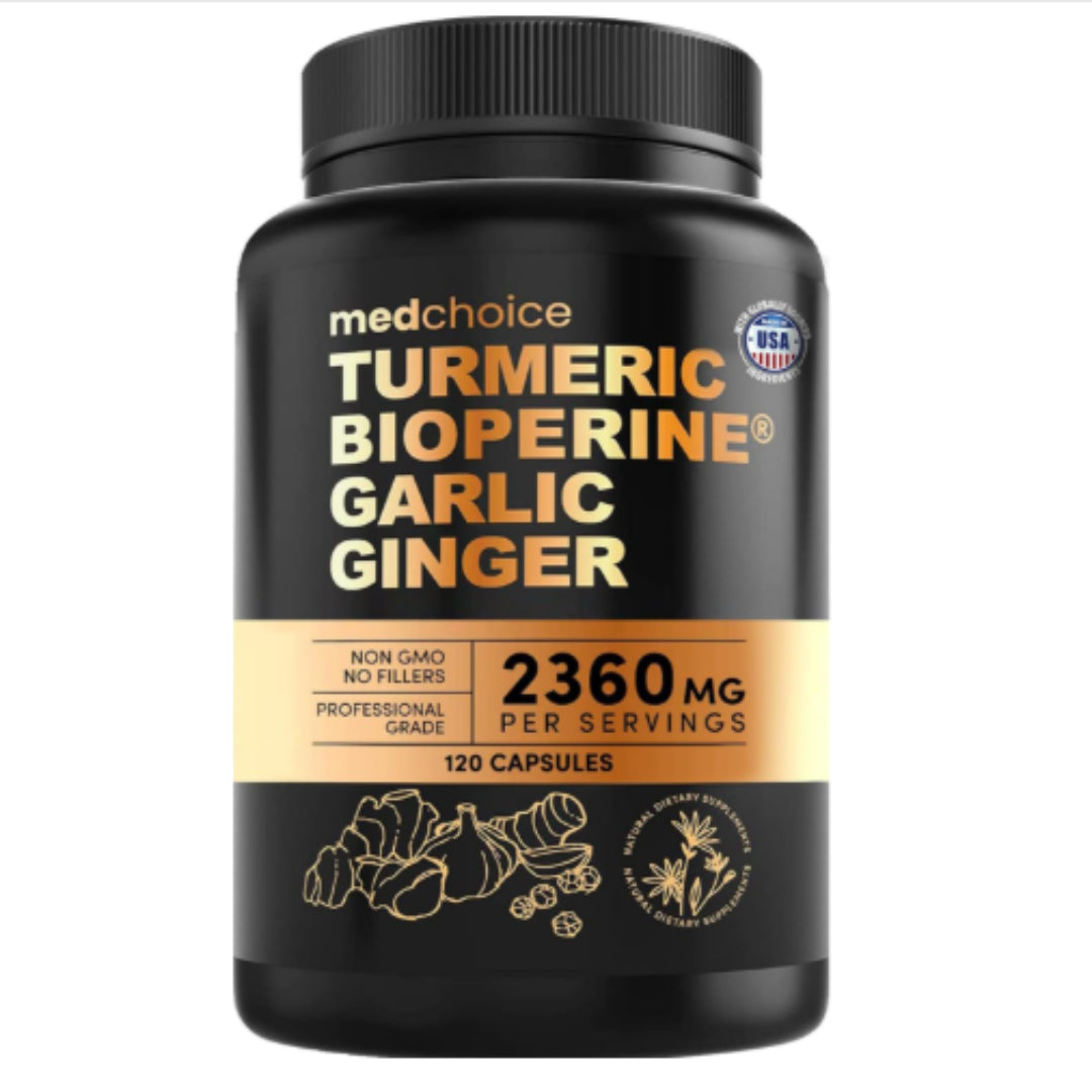 <think>
Okay, so I need to create an ALT text for this product image. The product is a supplement called 4-in-1 Turmeric and Garlic Supplements with Bioperine 2360 mg Turmeric Ginger Root Capsules with Garlic for Joint, Digestion & Immune Support (120 ct) from Herbiflix. The tags include 120 capsules, bioperine, digestion,