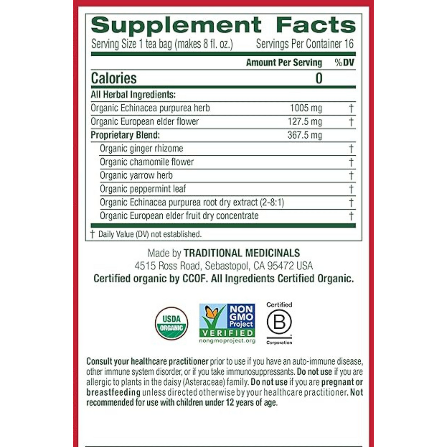 Traditional Medicinals Teas Organic Echinacea Plus Elderberry Tea, Elder 16 Bags (Pack Of 1)