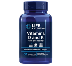 Life Extension Vitamins D and K with Sea-Iodine, vitamin D3, vitamin K1 and K2, iodine, supports immune, bone, arterial and thyroid health, non-GMO, gluten-free, 60 capsules