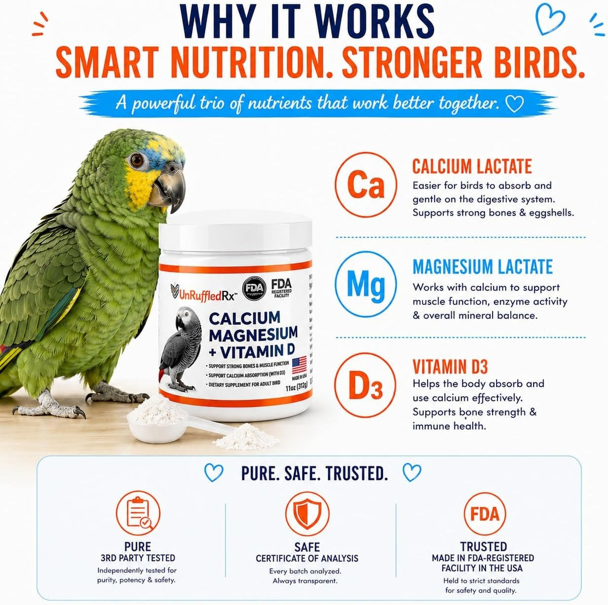 UnRuffledRx Bird Calcium Plus مع المغنيسيوم وD3 - ٤٥ حصة
