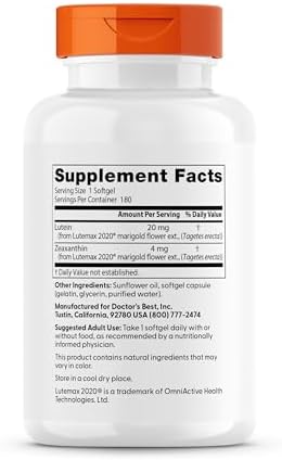 Doctor's Best, Lutein, Lutemax 2020, 20 mg, 180 Softgels