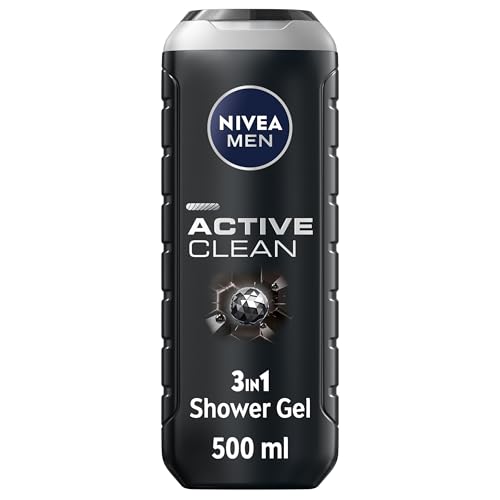 NIVEA MEN Active Clean 3in1 Shower Gel - Charcoal-Infused Body, Face & Hair Wash, 500ml