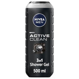 NIVEA MEN Active Clean 3in1 Shower Gel - Charcoal-Infused Body, Face & Hair Wash, 500ml