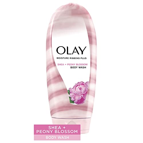 Olay Moisture Ribbons Plus Shea + Notes of Peony Blossom Body Wash | 18 fl oz | Pack of 4 | Hydrating & Nourishing