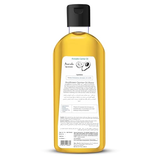 Soulflower Avocado Carrier Oil - 100% Pure Organic Cold Pressed Oil for Hair Growth, Face & Skin Care - 200ml