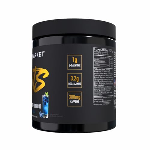 BlackMarket CUTS Pre Workout Flavored Energy Powder Drink Mix for Men & Women - Muscle Definition, Fat Burning, Thermogenic, Creatine Free (Blue Razz, 30 Servings)