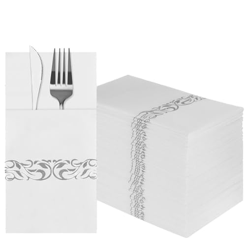 DADAWU Elegant White Linen-Feel Disposable Dinner Napkins with Gold Flatware Pocket - Pack of 50 for Parties & Weddings