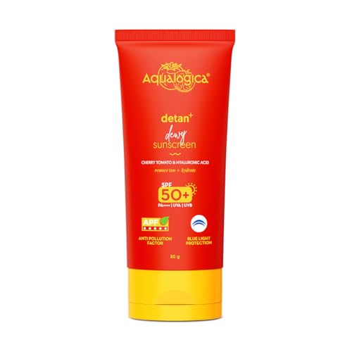 Aqualogica Detan+ Dewy Sunscreen SPF 50+ PA++++ | Blue Light & Pollution Protection | Glycolic & Hyaluronic Acid | No White Cast | 80g