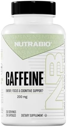 NutraBio Pure Caffeine Capsules: Clean Energy Boost (250 Capsules)