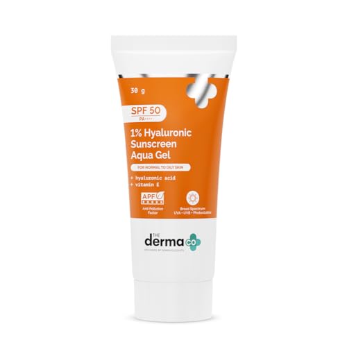 The Derma Co 1% Hyaluronic Sunscreen SPF 50 Aqua Gel – Lightweight, No White-Cast, Broad Spectrum & Blue Light Protection (30g)