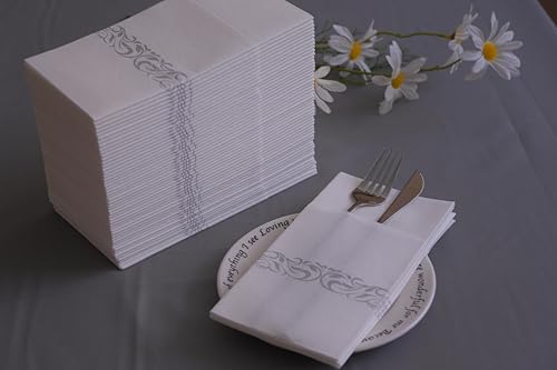 DADAWU Elegant White Linen-Feel Disposable Dinner Napkins with Gold Flatware Pocket - Pack of 50 for Parties & Weddings