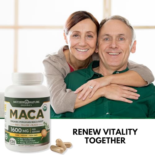 Mother Nature USDA Organic Maca Root Capsules 1600mg - Vegan, Raw Peruvian Maca Supplement for Stamina, Hormonal Balance & Well-Being - Non-GMO - Reproductive Health (120ct)