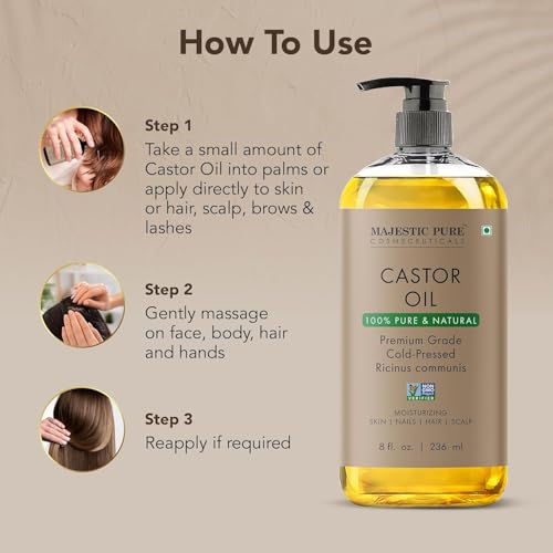 Majestic Pure Castor Oil - 100% Natural Cold Pressed | Hair, Eyelashes, Eyebrows & Nails | 8 Fl Oz