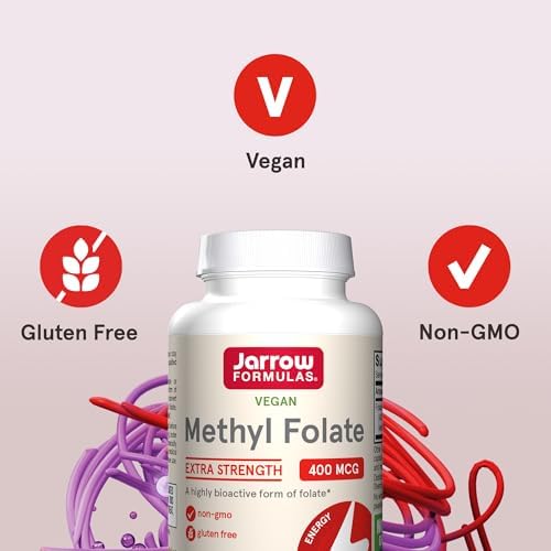 Jarrow Formulas Extra Strength Methyl Folate 400 mcg, Dietary Supplement for Cardiovascular and Neurologic Health Support, 60 Veggie Capsules, 60 Day Supply
