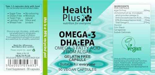 Health Plus Omega-3 DHA:EPA 500mg Vegan Algal Oil 90 Vcaps - Sustainable Plant-Based Omega-3