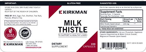 Kirkman Labs Milk Thistle 100mg - Liver Detox & Protection Supplement, 100 Capsules