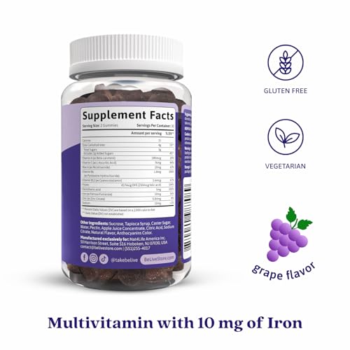 BELIVE Iron Gummy Bears - Vegan Iron Supplement with Vitamin C & B Vitamins - Grape Flavor - 60 Gummies