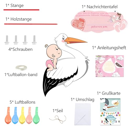 Large 158cm Wooden Stork Outdoor Birth Announcement Sign (Pink Rattle) - Welcome Home Decor